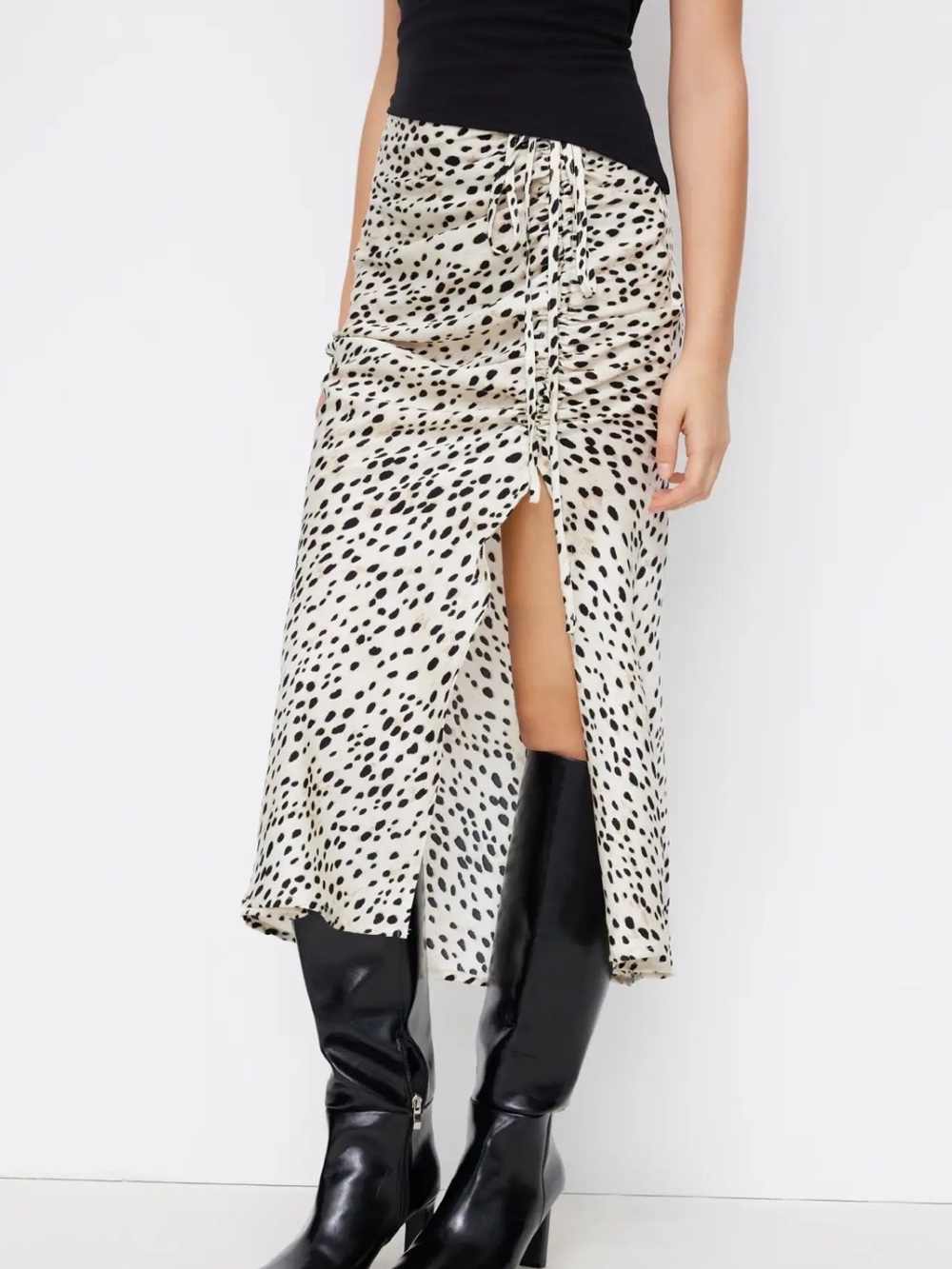 Cider Black Spot Print Ruched Midi Skirt on Cream